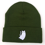 Forest Green Ghost Cat embroidered beanie