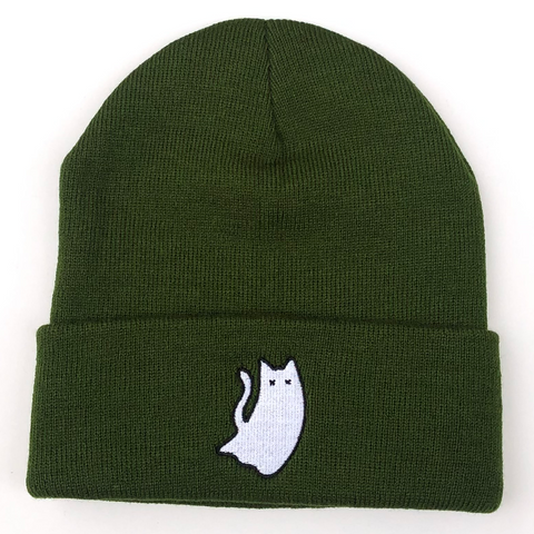 Forest Green Ghost Cat embroidered beanie