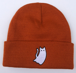 Orange Fall Ghost Cat embroidered beanie
