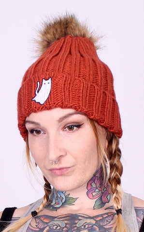 Rust Ghost Cat embroidered bobble hat