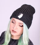 Charcoal Ghost Cat embroidered beanie