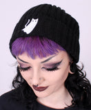 Black Ghost Cat embroidered beanie